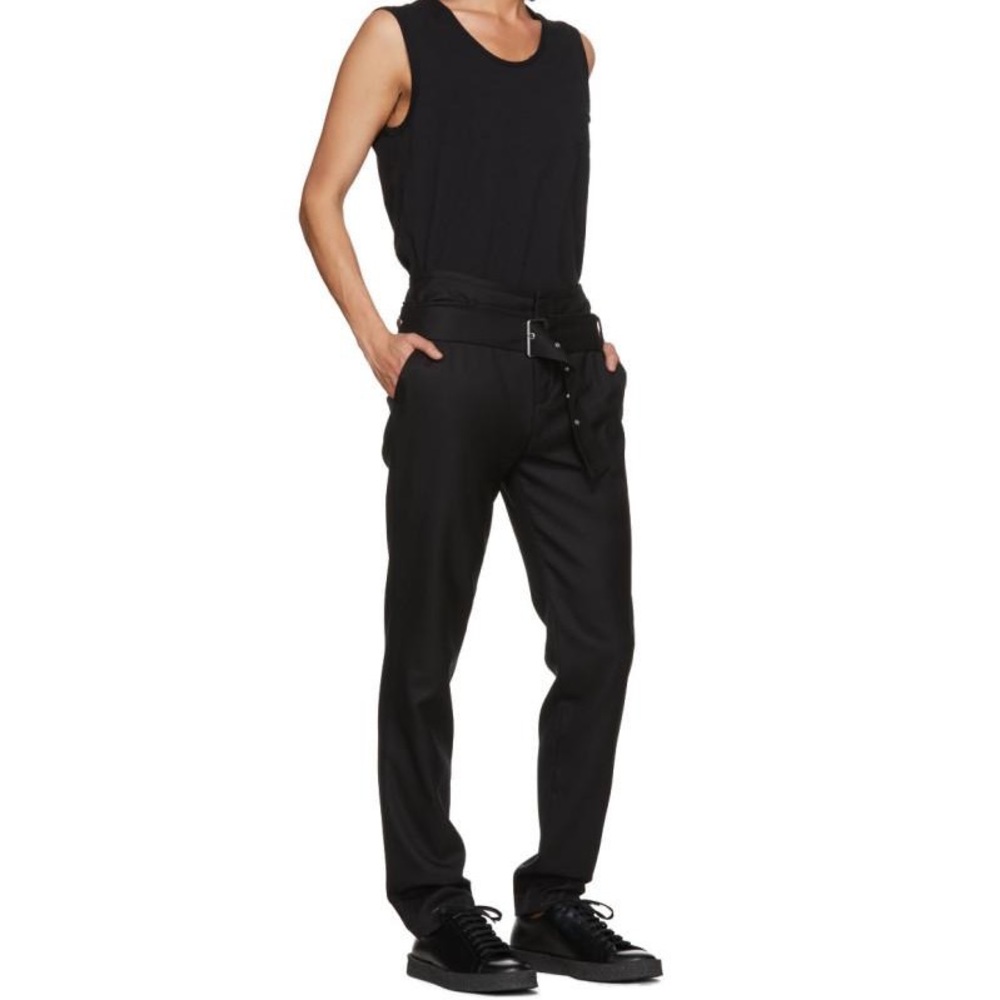 Helmut Lang black wool double waistband buckle belt trousers